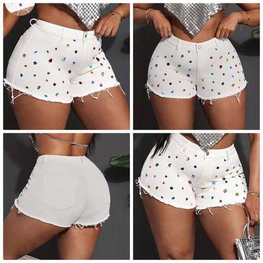 Plus Size Women Bling Rhinestone Decor White Denim COCOMONE Skinny Super Short Shorts Outfits Womens Short Jeans Women Shorts Jeans Woman Summer Outfits For Women Shorts Club Outfits For Women Plus Size Women Clothes Jorts Summer Clothes  White Shorts