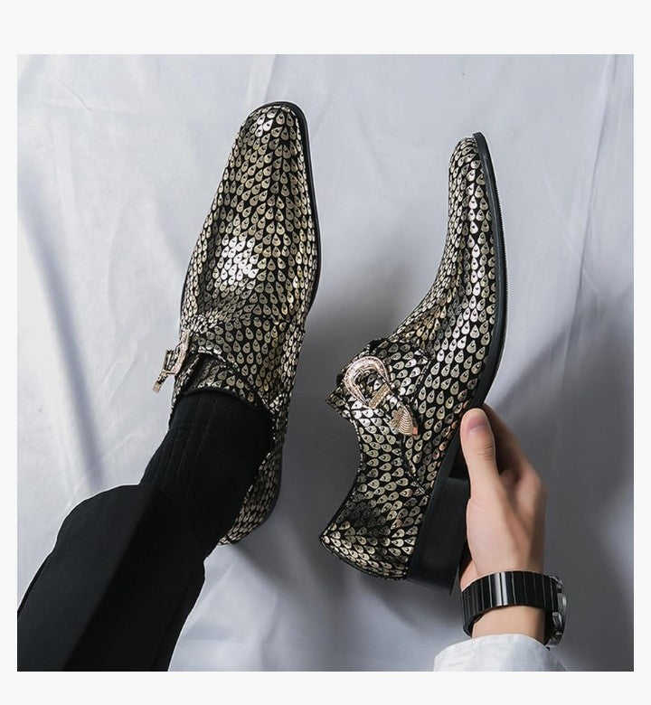 Men'S Sparkling Printed Buckle Chelsea Boots Stylish Pointed Toe Slip-On Low Top Ballroom Party
