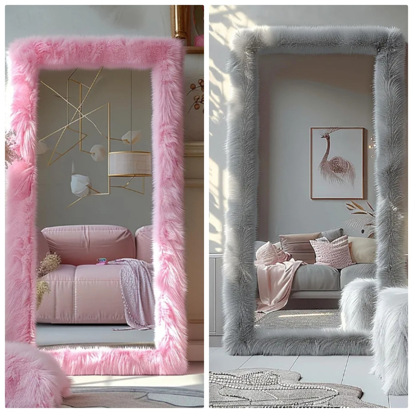 Full Length Mirror 63"x24" Free Standing Furry Floor Mirror Chic Pink Faux Fur Framed Wall Mounted Full Body Mirror Leaning Hanging Wall Mirror for Bedroom Entrance