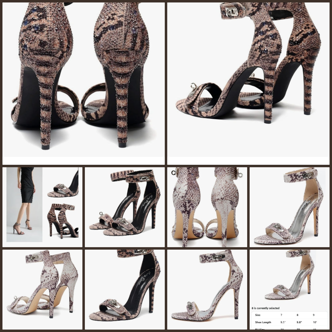 Snake Print Rhinestone Ankle Strap Stiletto Sandals Open Toe & Turn Lock Party/Wedding/Nightclub Shoes