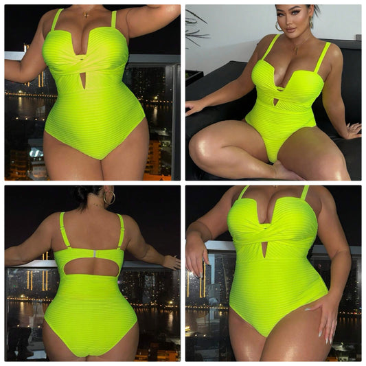 Plus Size Women One-Piece Solid Color Spaghetti Strap Criss-Cross Hollow-Out Minimalist Sexy Swimsuit, Beach Summer Vacation COCOMONEY