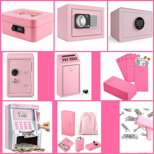 Pink safe or lockbox or money gun or money envelopes or kids cash register choose option below