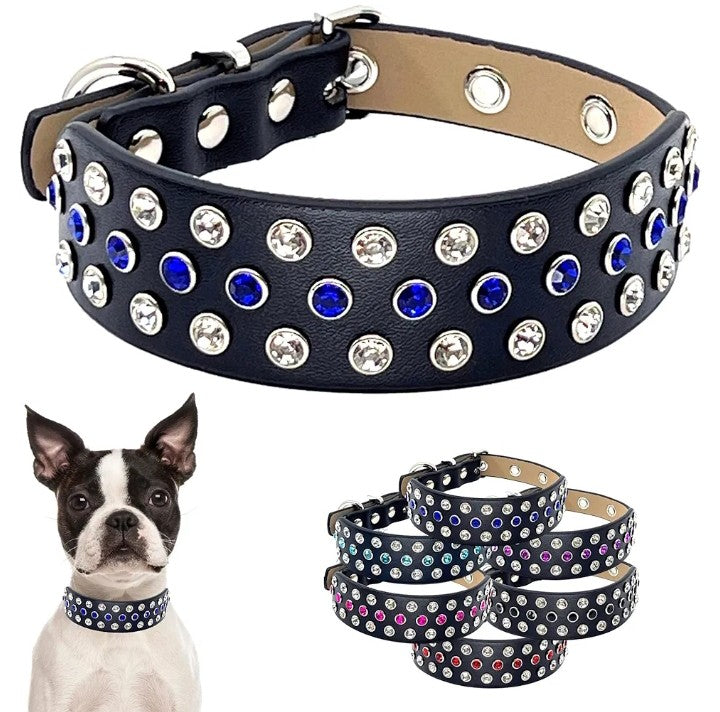 Rhinestone Pet Collar with Fancy Aqua Bling Stones Studded in Wide Black Microfiber Leather, Designer Details Adjustable for Boy and Girl Pets