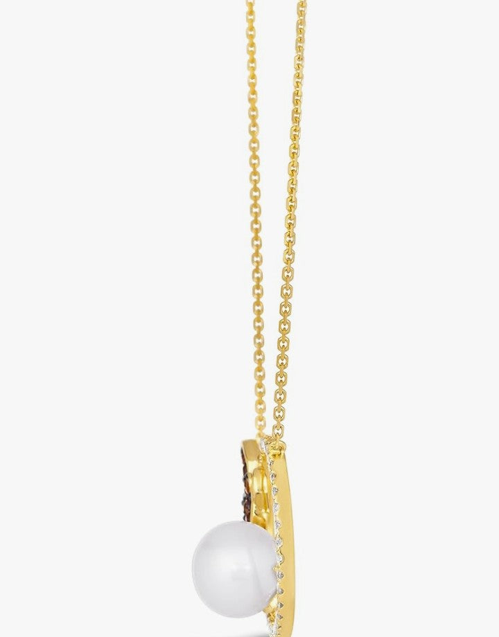 COCOMONEY 1/3 Carat Diamond Pearl, and 1/5 Carat Blue Sapphire Circle Hummingbird Pendant Necklace for Women in 14k Yellow Gold (White/Black, 0.53 cttw) on Adjustable Chain with Lobster Claw Clasp