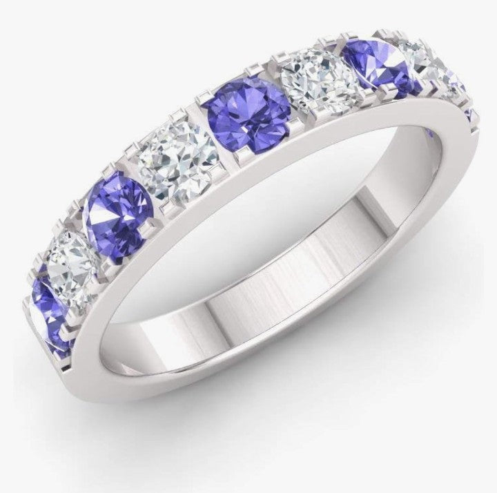 COCOMONEY Natural and Certified Gemstone and Diamond Wedding Ring in 10K White Gold | 0.92 Carat Half Eternity Stackable Band for Women, US Size 6