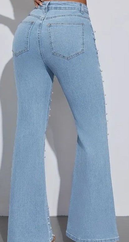 COCOMONEY JEANS FLARE FAUX PEARL EMBELLISHMENTS