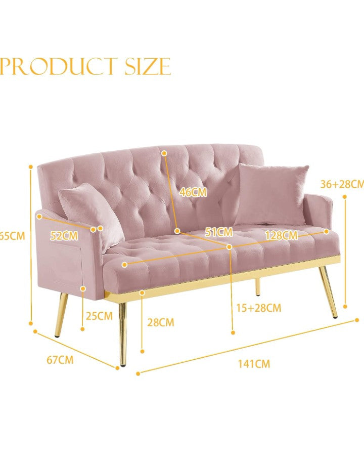 Upholstered Loveseat Sofa, Modern Small Sofa Couch with Side Pocket and Golden Metal Legs, Tufted Leisure Sofa for Living Room, Bedroom, Office, Cream White Teddy