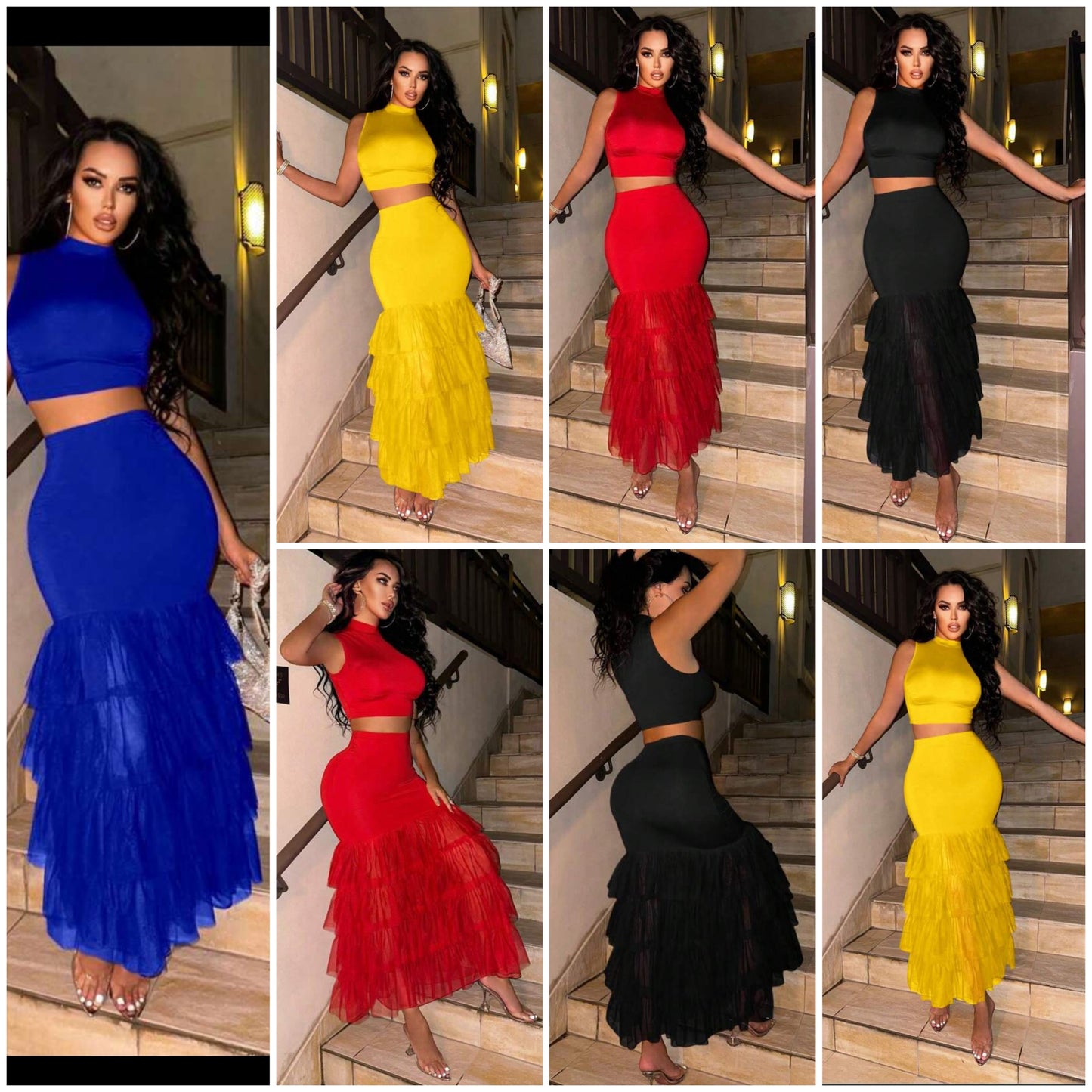 Solid Color Stand Collar Tank Top & Multi-Layer Ruffle Hem Skirt Two-Piece Set COCOMONEY