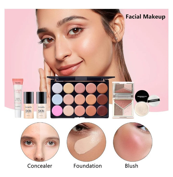 All in One Makeup Kit Full Kit, Make Up Gift Set Makeup Essential Bundle Includes Foundation Face Primer Eyeshadow Contour Palette Lipstick Eyeliner Mascara Cosmetic Brush Set