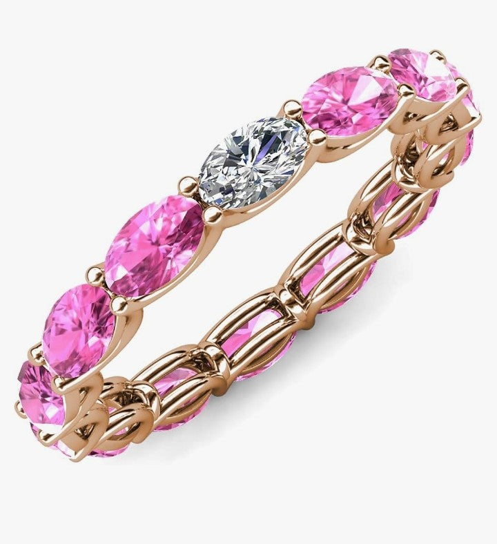 COCOMONEY Oval Lab Grown Diamond & Pink Sapphire 4-3/8 ctw in gorgeous drape like basket setting eternity stackable ring 14K Gold