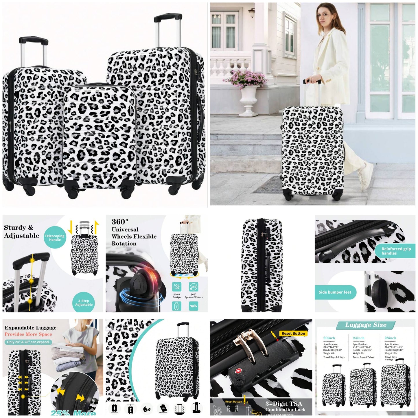 Hardshell Luggage Sets 3 Pcs Leopard Spinner Suitcases With TSA Lock Lightweight-20"+24"+28" Luggages COCOMONEY