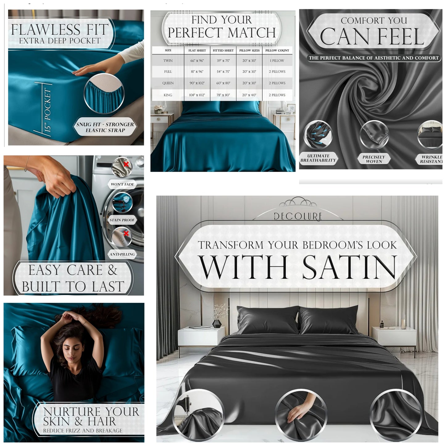 4 Piece Luxury Silky Bedding Set - Softer Than Silk, Wrinkle-Free with 15” Deep Pocket Fitted Sheet, Perfect for Hair & Skin