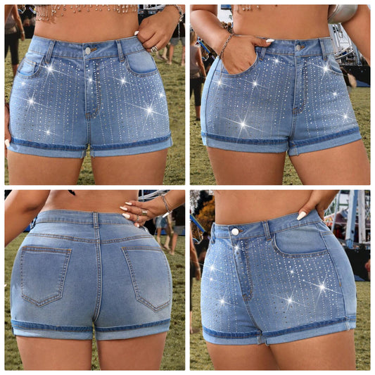 Plus Size Distressed Denim Rhinestone Embellished Shorts, Cocomoney Suitable For Rave Outfits And Music Festivals