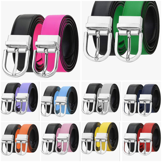 Reversible Belt Genuine Leather Fashion Belt With Single Prong Buckle For Women Youth Kids (1 Belt for 2 Colors)