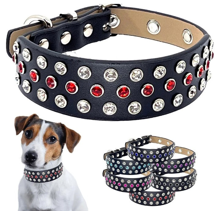 Rhinestone Pet Collar with Fancy Aqua Bling Stones Studded in Wide Black Microfiber Leather, Designer Details Adjustable for Boy and Girl Pets