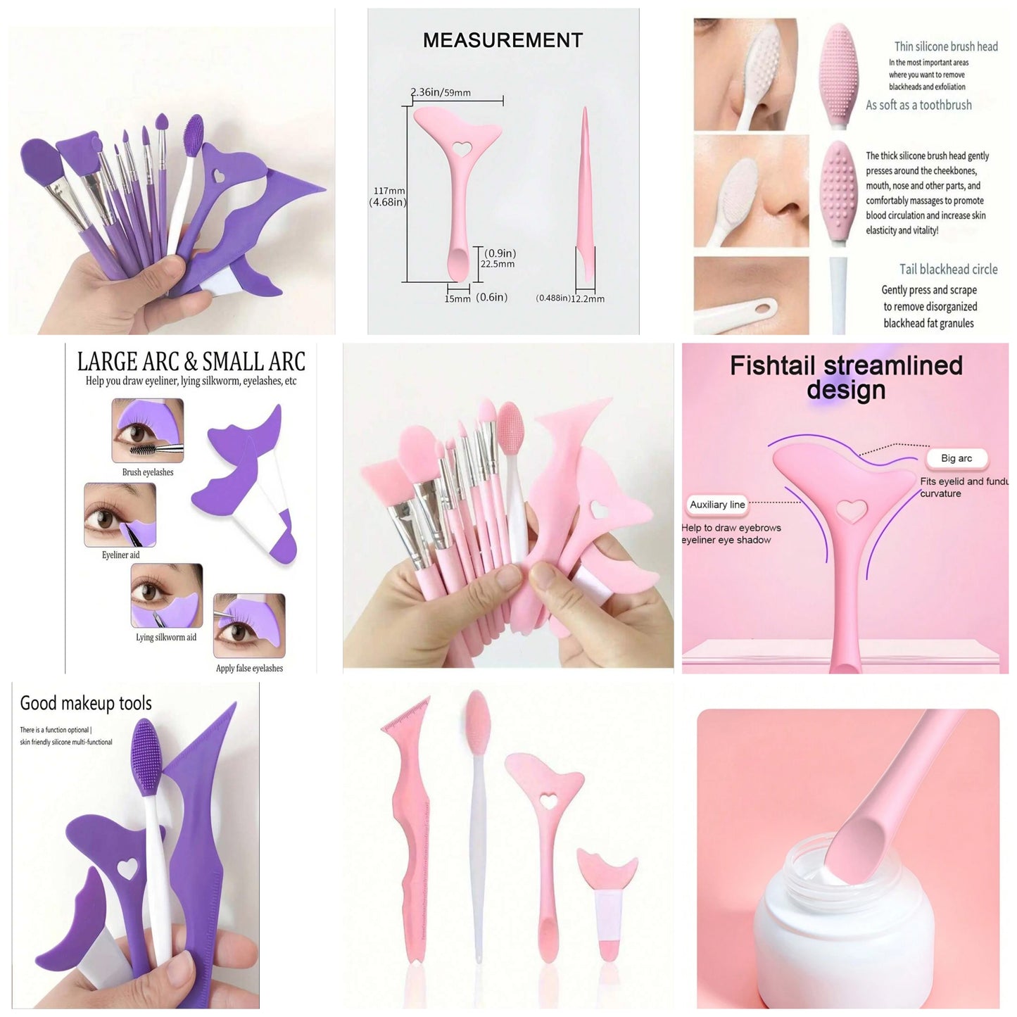 7pc Silicone Eyeliner Template - Wing Tip, Mascara, Lipstick, Cream Mask applicator - Makeup beauty tool, perfect for application