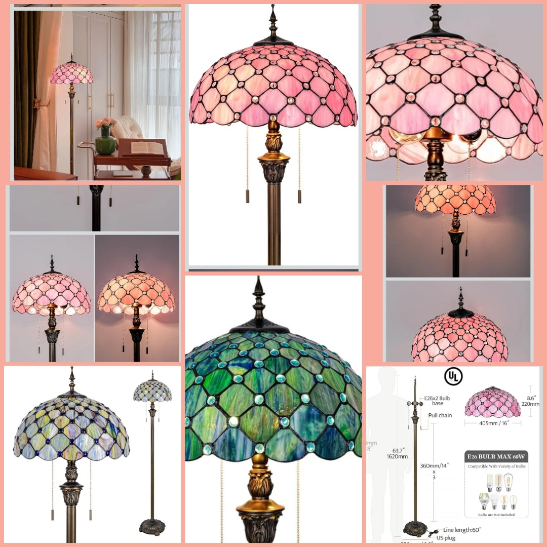 Tiffany Floor Lamp Stained Glass Pearls Beads Standing Reading Light 16x16x64 Inch Retro Inspired Pole Corner Lighting Art Decor for Bedroom Living Room Home Office