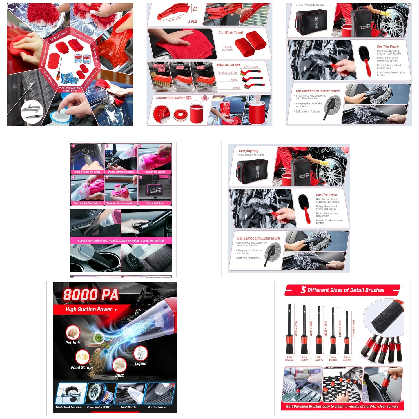Car Detailing Kit Interior Cleaner with High Power Handheld Vacuum,Car Wash kit with Detailing Brush Set,Car Interior Detailing Kit,,Pink Car Accessories for Motorcycle,Cars