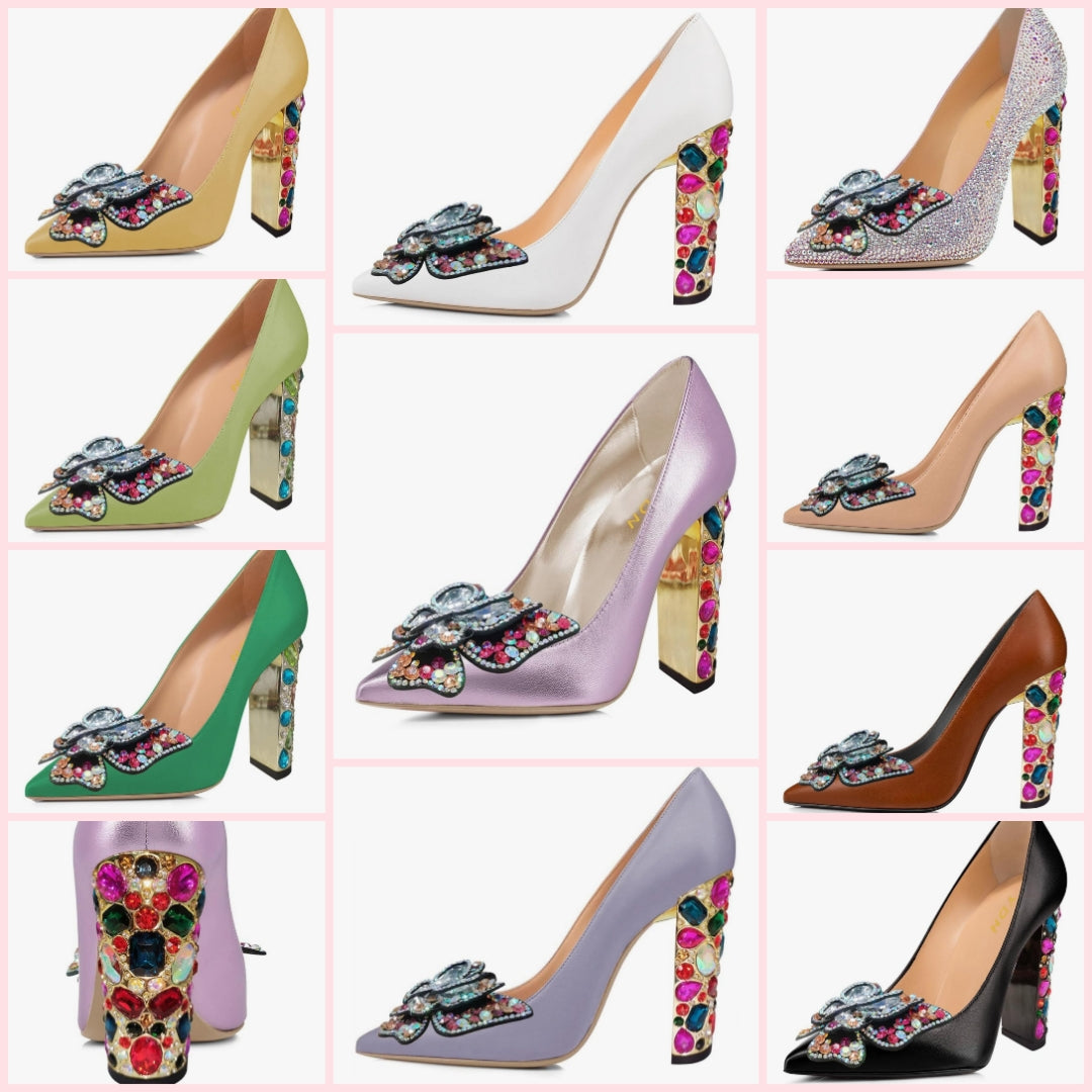 Women Bow Pump Butterfly Slip on Rhinestone Chunky High Heels Pointed Toe Studded Shoe