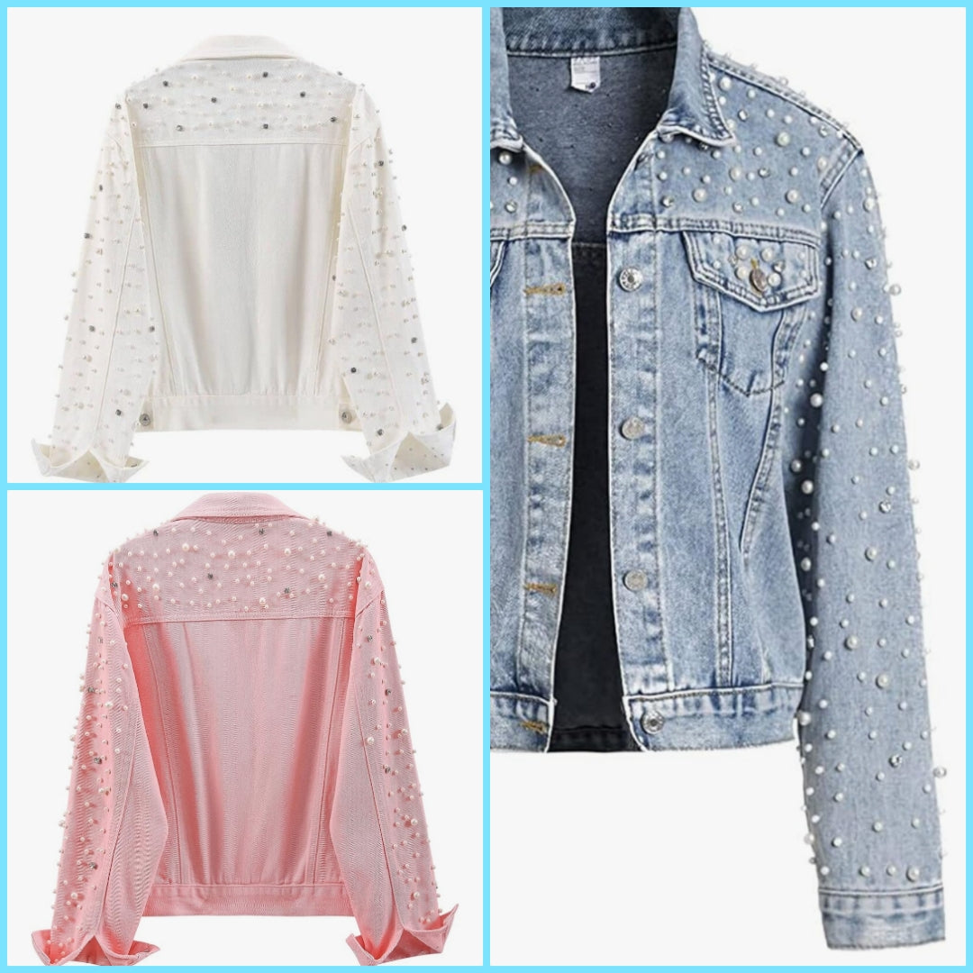 Pearls Denim Jacket Cropped Rhinestones Jean Jacket Coat