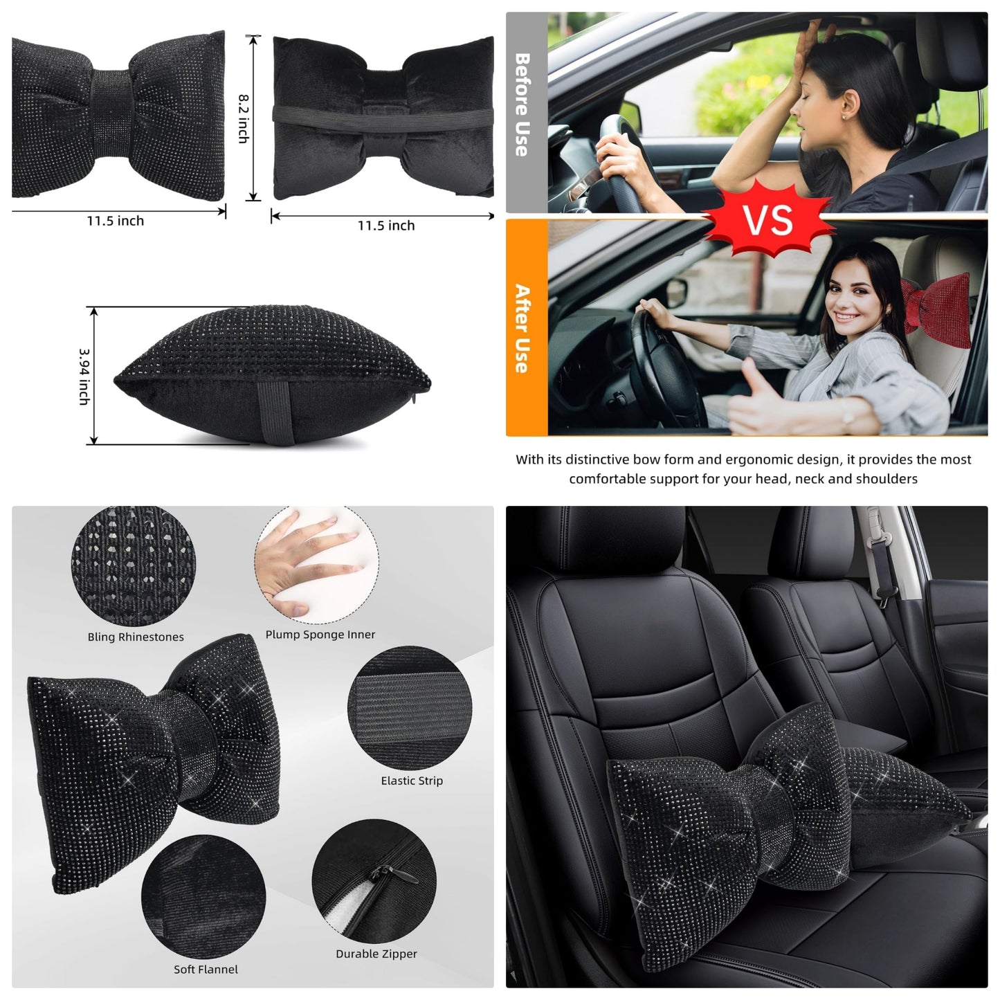 2 PCS Bling Car Pillows,Rhinestones Bowknot Car Headrest Pillow,Car Neck Pillow for Driver Relax Necksupport,Sleeping Travel Support Neck Pillow,Shiny Diamond Interior Accessories