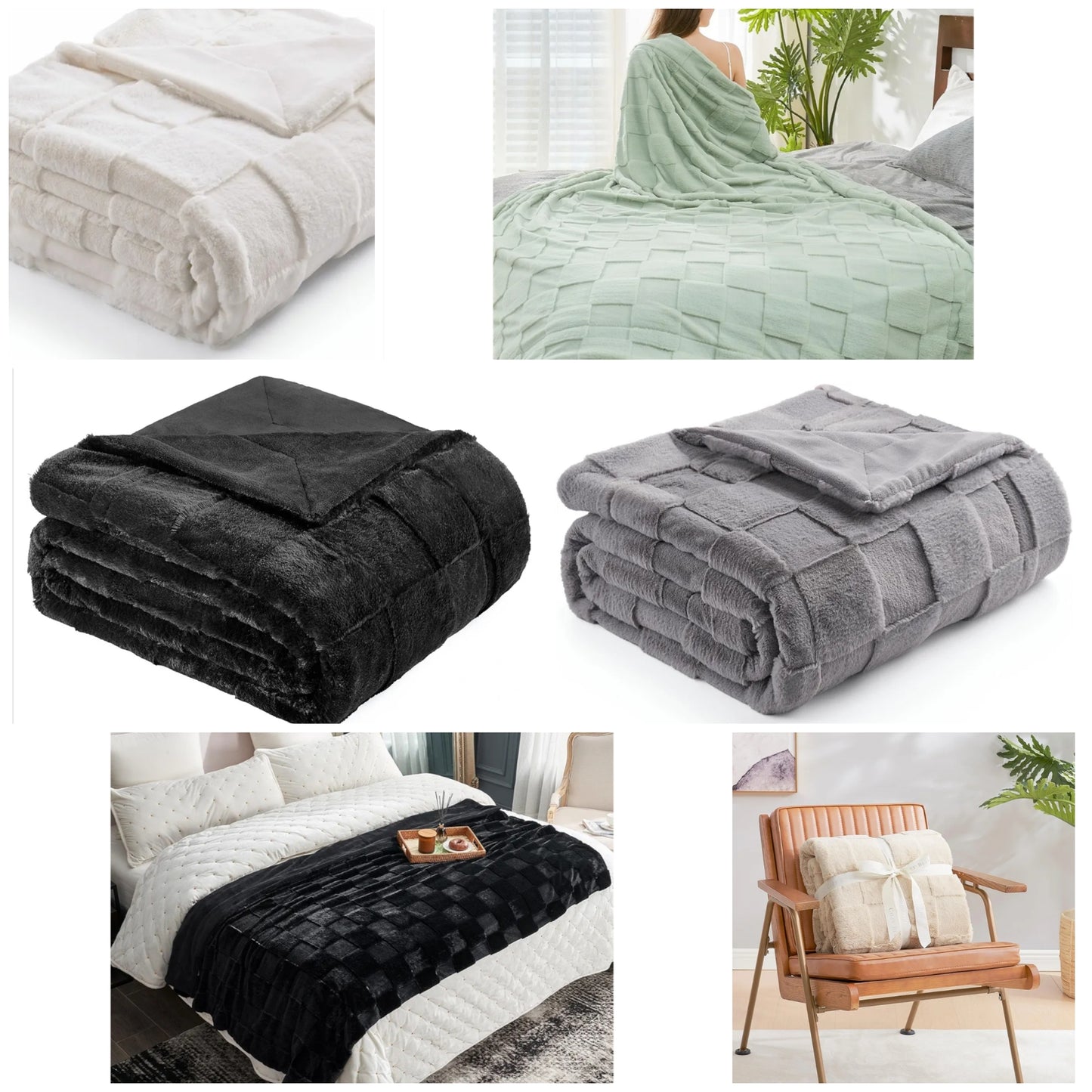 Checkered Faux Rabbit Fur Black Throw Blanket, Lightweight Fleece Soft Fuzzy Fluffy Minky Furry Plush Blankets for Couch