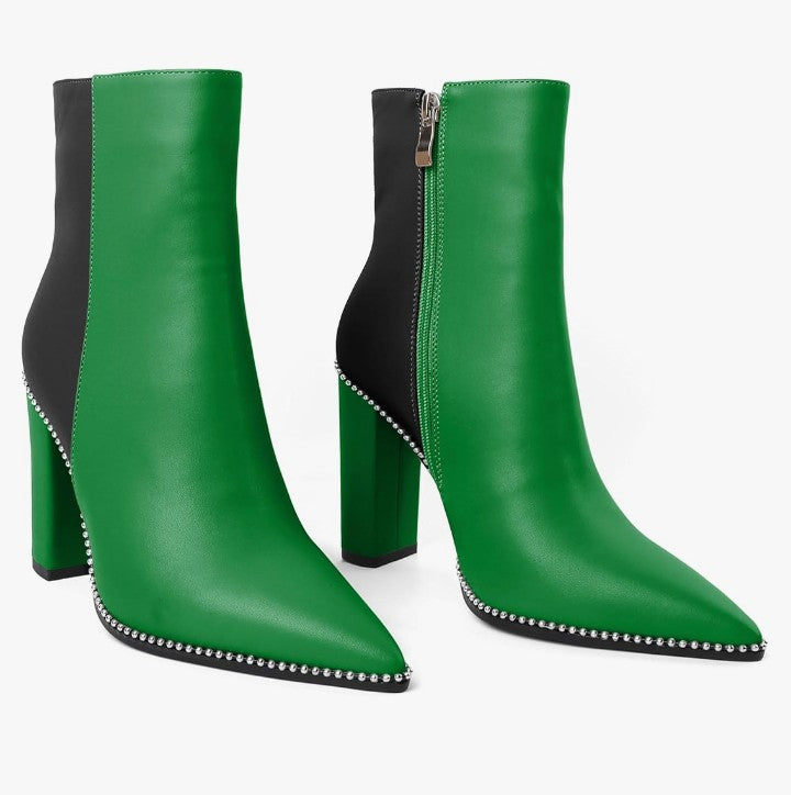 Womens Pointed Toe Beaded Chunky Ankle Boots Side Zipper 3.5 Inches