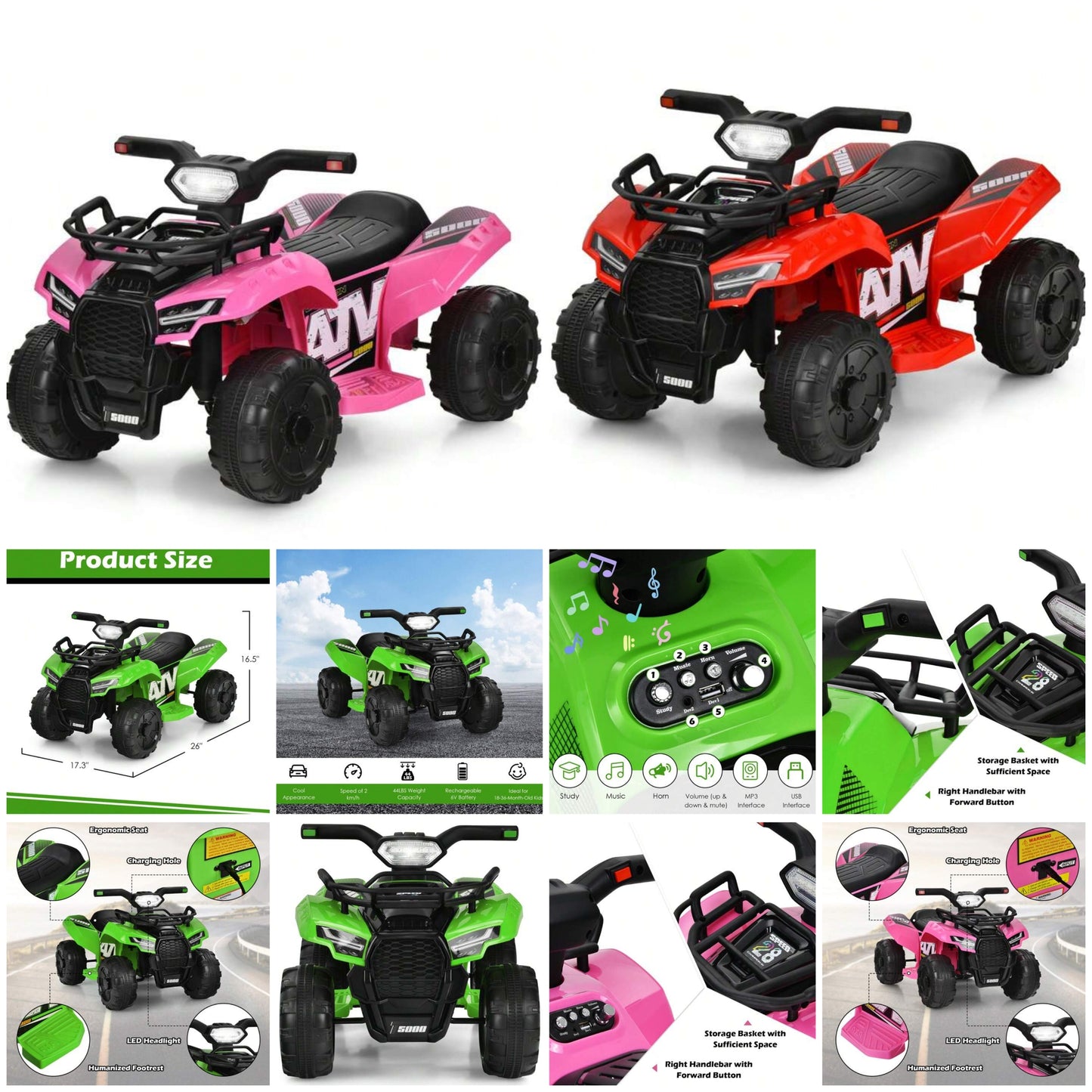 6V 4 Wheels ATV Quad Ride On Car Kids Ride-On Toy W/ Music Horn LED Light