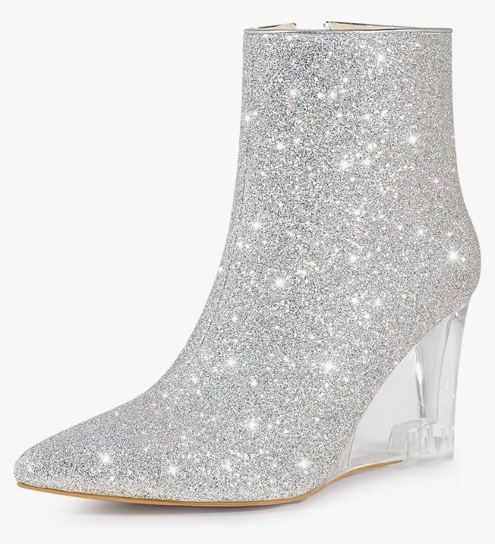 Clear Heels Boots Sequin Pointed Toe Glitter Wedge Heels Ankle Boots for Women