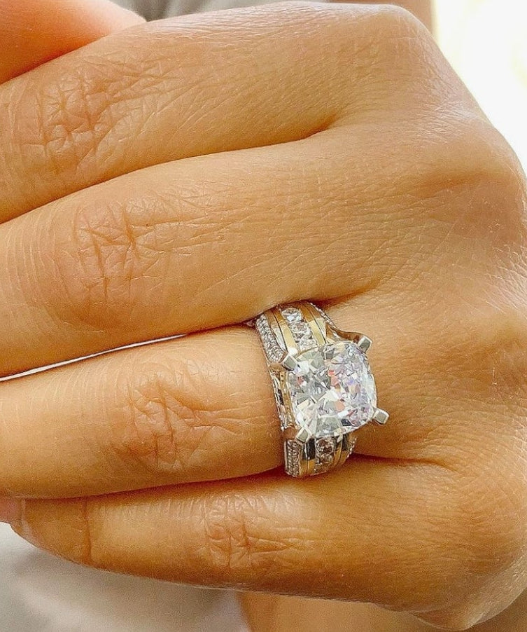 AMAZING 14K Solid And Heavy White and Yellow Gold Cushion and Round Cut Simulated Diamonds Engagement Ring Wedding Bridal Set 6.50ctw