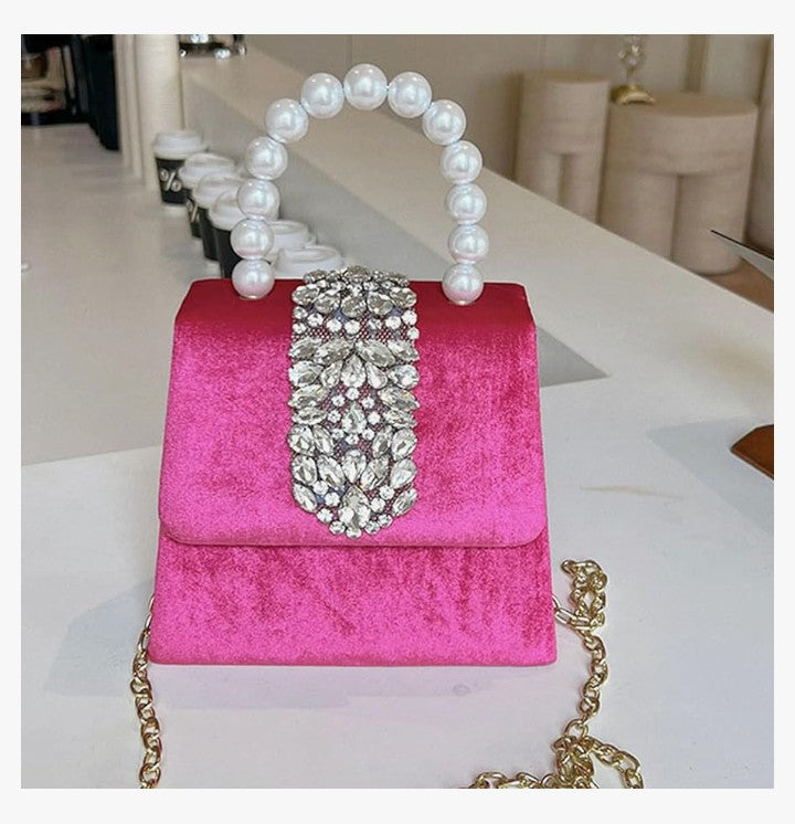 Clutch Purses for Women, Satin Evening Bag, Hot Pink Small Tote Bag, Twinkle Rhinestone Clutch Purses, Pearl Handles, Crossbody Bags for Wedding, Prom, Parties, Travel