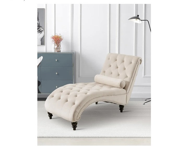 Velvet Chaise Lounge Indoor with Toss Pillow, Modern Pink Chaise Lounge Chair, Upholstered Armless Velvet Chairs with Tufted Buttons and Nail Heads for Living Room, Bedroom Furniture