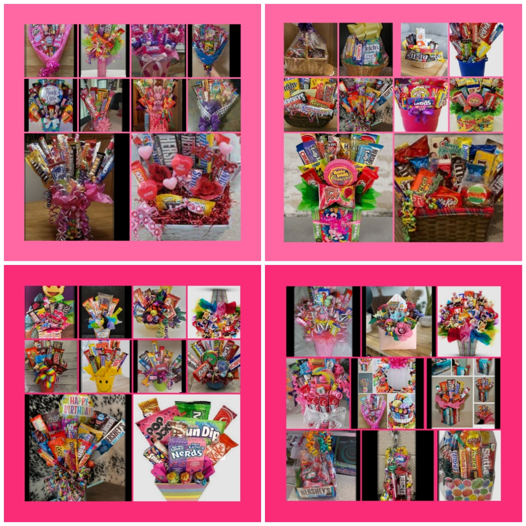 CUSTOM Candy Gift baskets, Gift bags, Gift boxes, Gift buckets, Gift vases, and more