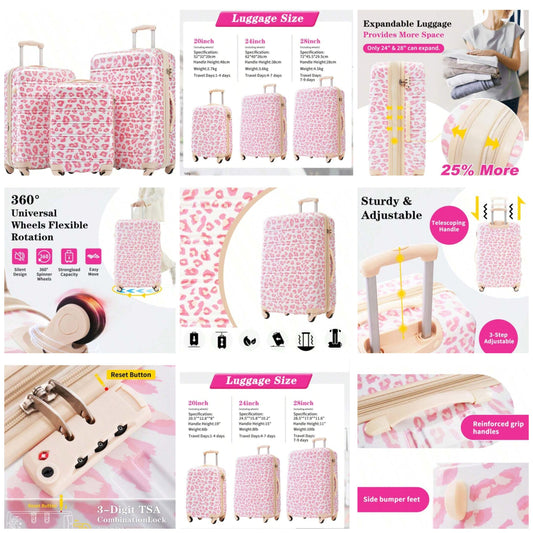 3pcs-20"+24"+28" Pink Leopard Luggages ,Hardshell Luggage Sets 3 Pcs Spinner Suitcase With TSA Lock Lightweight COCOMONEY