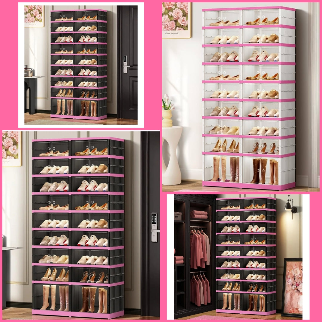 9-Tier "Foldable" Shoe Rack Organizer for Closet,36 Pairs Collapsible Plastic Shoe Shelf,Large Shoes Cabinet with Door,Clear Stackable Storage Box Easy Assembly(White-Pink)