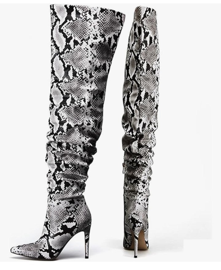 Snakeskin Boots Knee High Boots Women Sexy Stunning and Stylish Exquisite Pointed Toe Fine High Heels Pleated