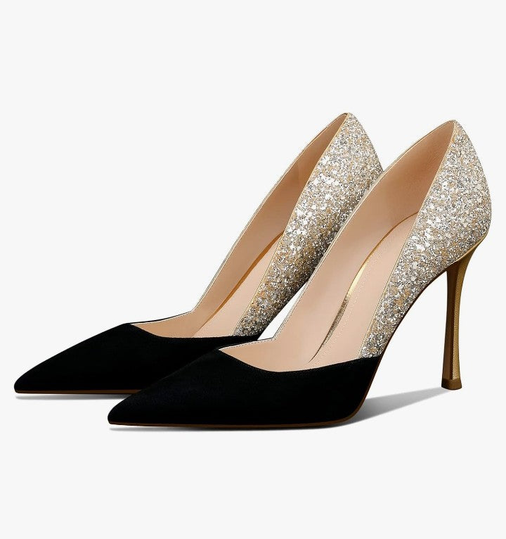 Women's Gold Classic Pointed Toe High Heels Stiletto Pumps with 3.35in Sparkly for Wedding,Party,Dress