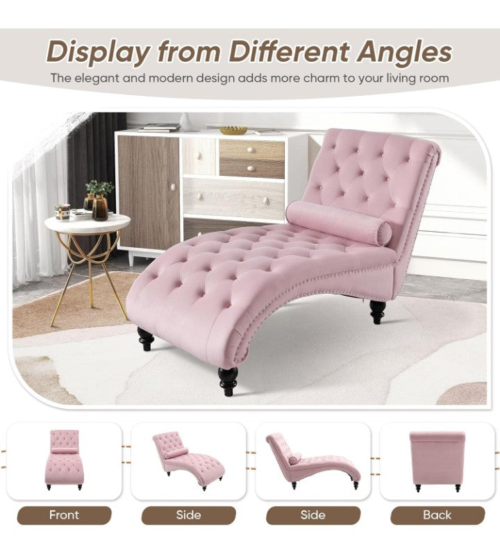 Velvet Chaise Lounge Indoor with Toss Pillow, Modern Pink Chaise Lounge Chair, Upholstered Armless Velvet Chairs with Tufted Buttons and Nail Heads for Living Room, Bedroom Furniture