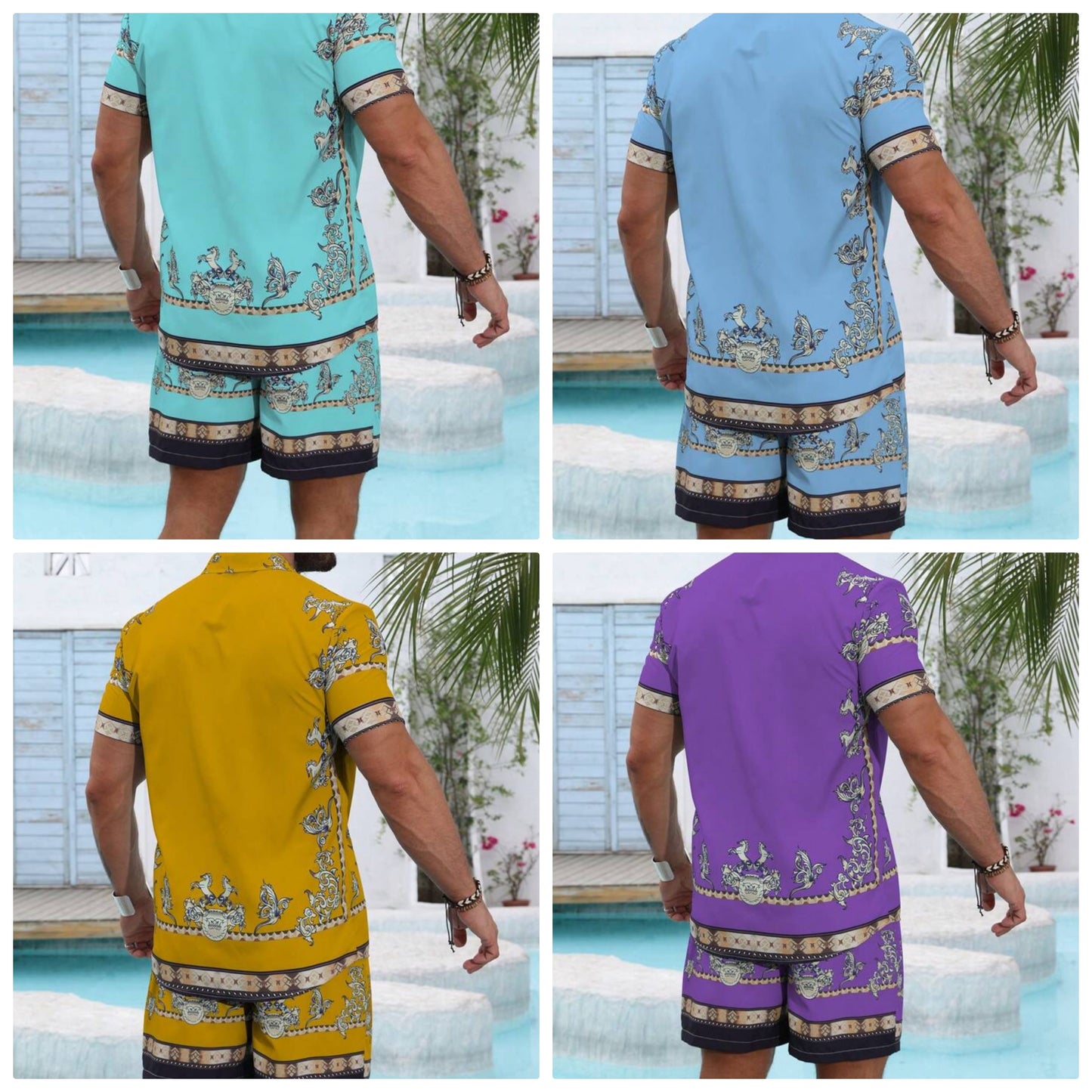 Casual Vintage Printed Short Sleeve Shirt & Shorts Set COCOMONEY