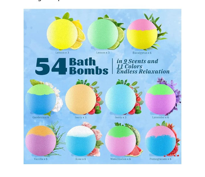 Bath Bombs Gift Set, 54 Pack Handmade Shower Bombs with 11 Delightful Scents, Long-Lasting Fizzy Bubbles & Colorful Magic, 7-Minute Dissolve for Relaxation, Ideal