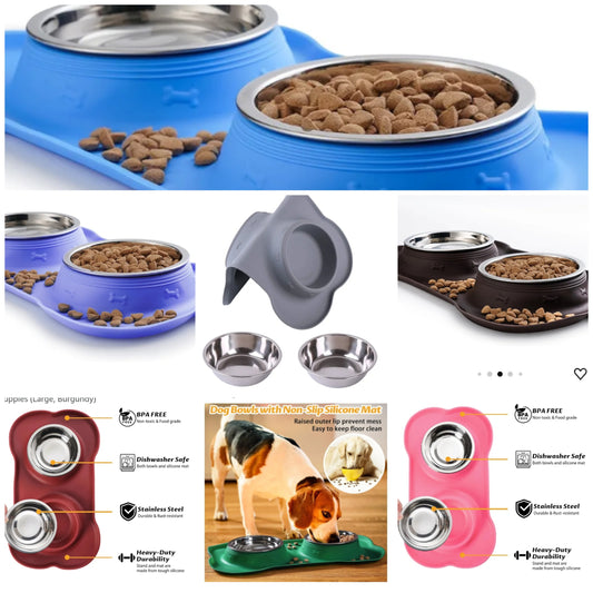 Pet Dog Bowls 2 Stainless Steel Dog Bowl with No Spill Non-Skid Silicone Mat + Pet Food Scoop Water and Food Feeder Bowls for Feeding Small Medium Large Dogs Cats Puppies (Large,
