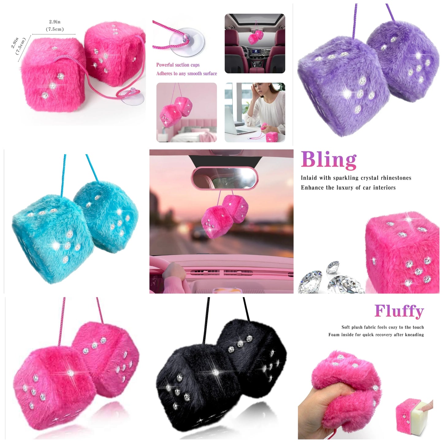 Bling Pink Dice for Car Plush Fuzzy Car Dice with Rhinestones Dots for Rear View Mirror Accessories Hanging Pink Fuzzy Dice Cute Car Accessories