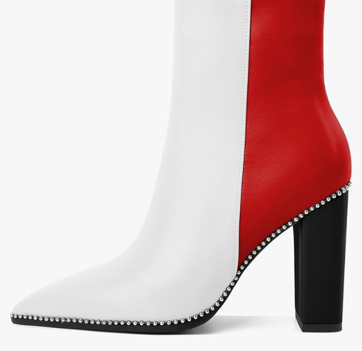 Womens Pointed Toe Beaded Chunky Ankle Boots Side Zipper 3.5 Inches