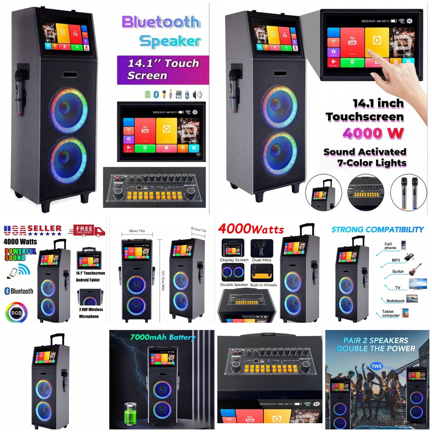 Dazone 4000W Dual 10" Woofers Rechargeable Karaoke Box Machine Wireless Bluetooth Speakers 14.1" Touchscreen Tablet With 2 Wireless Microphone Lyrics Display For Android IOS LED Light HD Sound