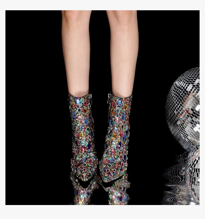 Women's Rhinestone High Heel Boots,Glitter Side Zipper Ankle Boots Sparkly Cowgirl Pointed Toe Stiletto Heel Party
