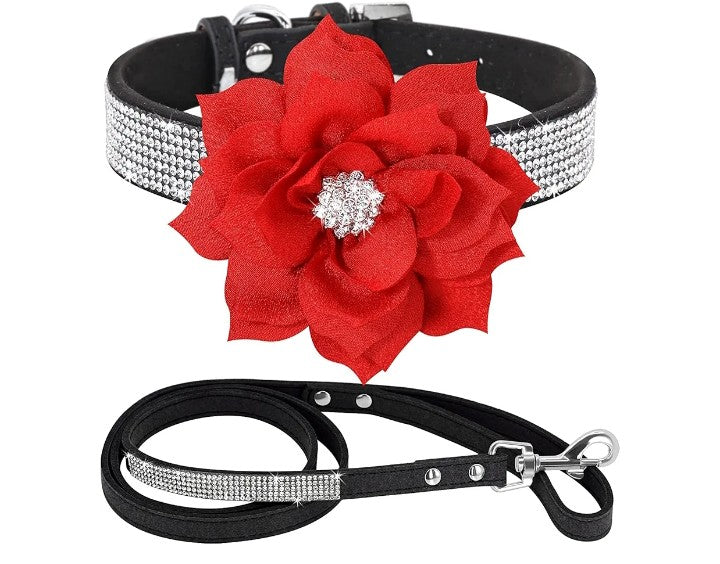 Rhinestone Bling Leather Dog Collar and Leash Set, Cute Dazzling Sparkling Soft Velvet Dog Cat Collar Crystal