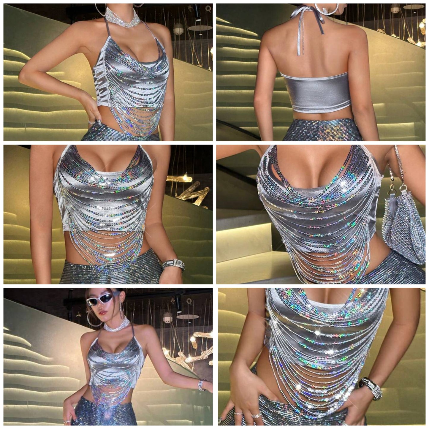 Black Sexy Shiny Criss-Cross Backless Halter Top And Sequin Fringed Mini Skirt 2-Piece Set, Party 2-Piece Set,Disco Outfit,Sexy 2-Piece Set COCOMONEY