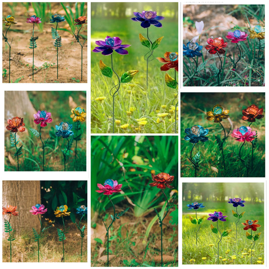 4 Pack Flower Garden Stakes Decor, 12.9 inch Metal Flowers Outdoor Decor Waterproof Metal Flower Sticks for Patio, Lawn, Yard Decorations