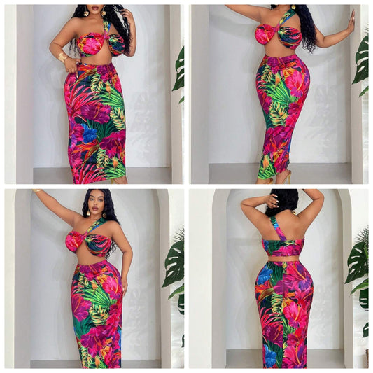 Plus Size Bodycon Long Top And Skirt Two Piece Set, Vacation Style, Spring/Summer COCOMONEY