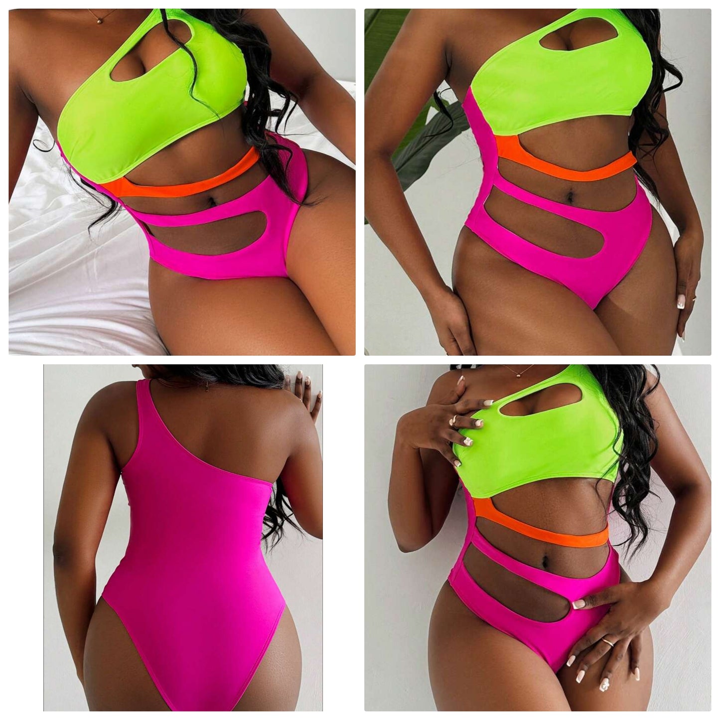 Sexy Beach Sports Hollow-Out Splice Tri-Solid Color One Shoulder Summer Party Holiday One-Piece Swimwear COCOMONEY